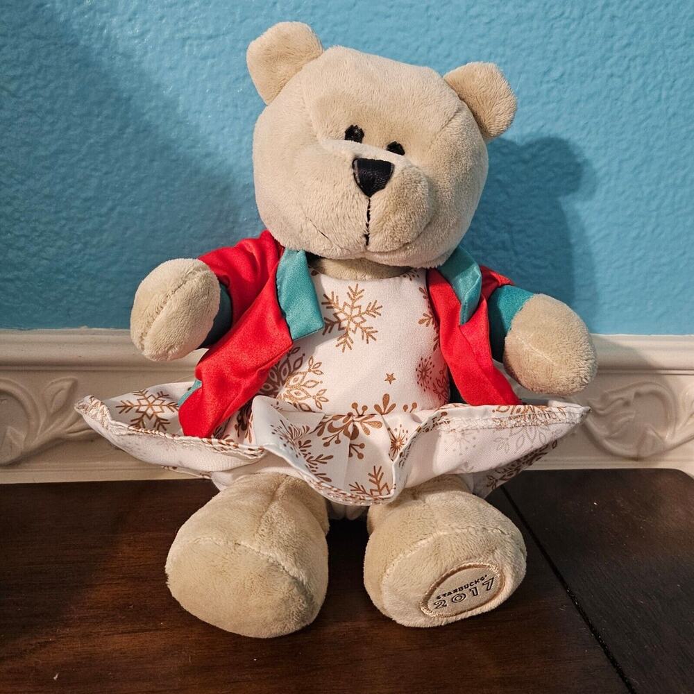 Starbucks 2017 Holiday Bearista Bear Plush Beige snowflake dress Jacket Coat
